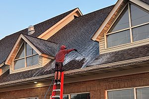 An exterior cleaning professional gently washes a home's sloping roof.