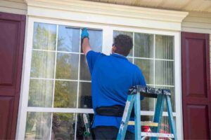 Man Window Cleaning with Squeegee While Standing on Ladder