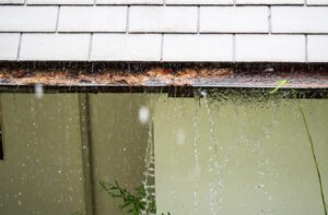 Clogged gutter in rain